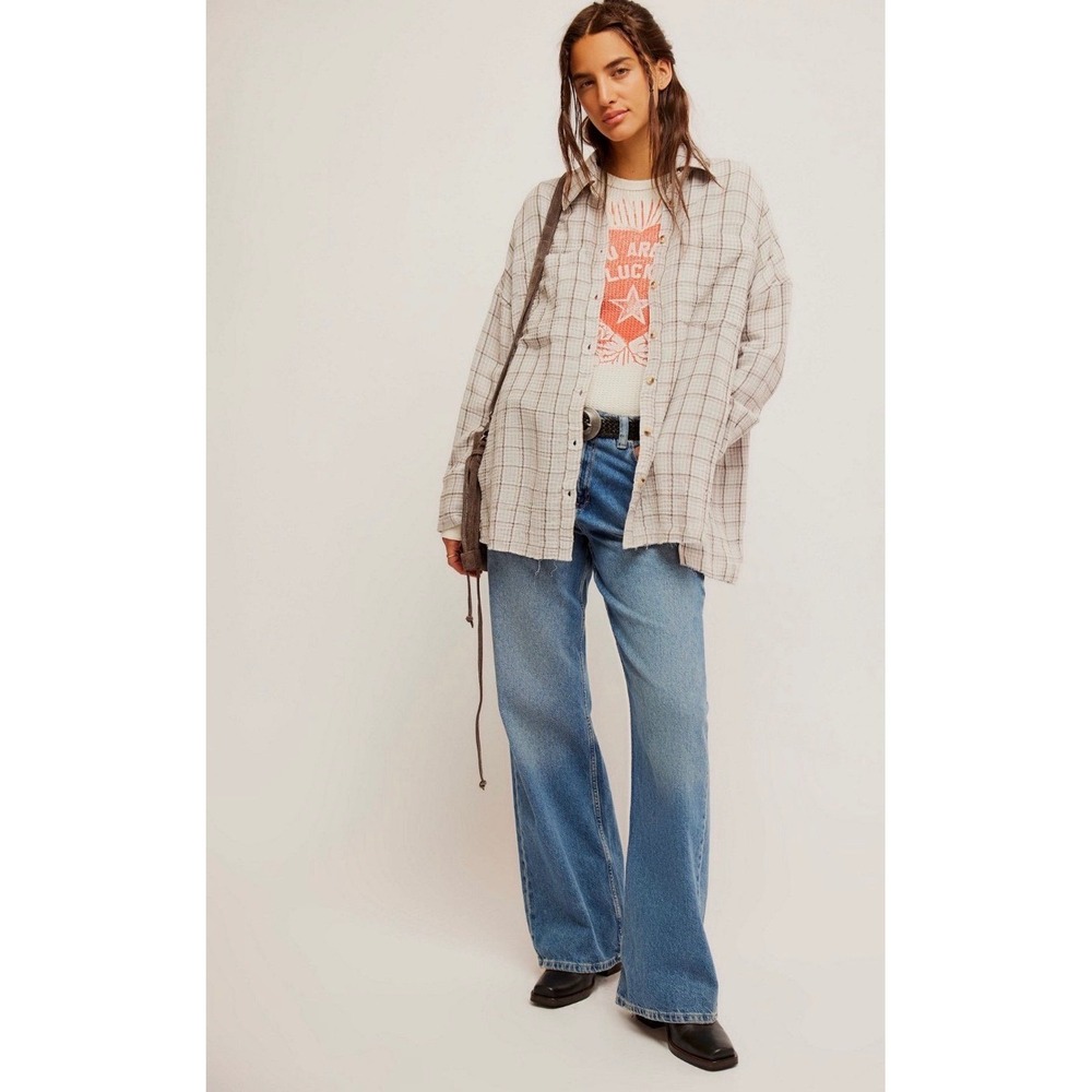 Free People Cardiff Plaid Buttondown Shirt Misty Lilac Combo Beige Size Med - Picture 4 of 6